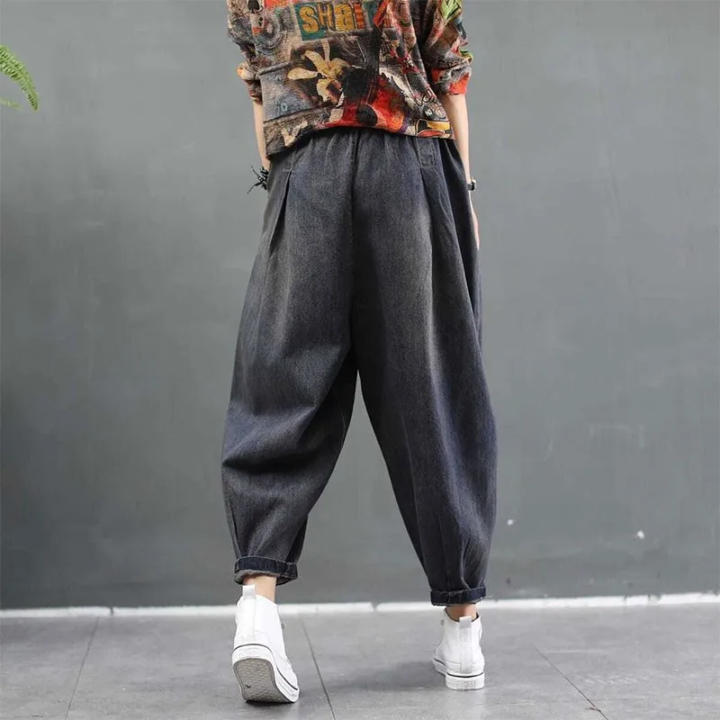 

2021 Autumn New Arts Style Women Loose Casual Jeans Femme Elastic Waist Cotton Denim Harem Pants vintage Jean Trousers