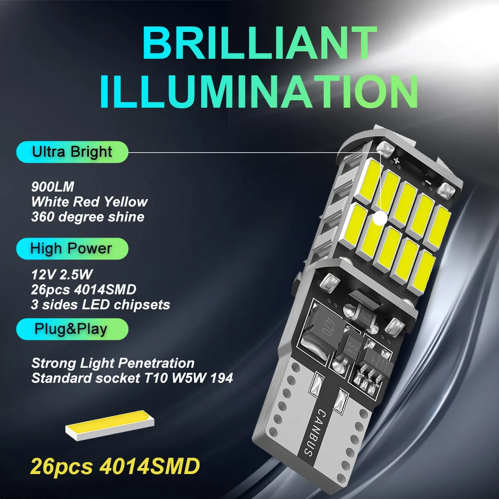 2 шт. автомобиль T10 Led Canbus 6000K белый W5W 194 4014 26Led лампы DRL поворотные парковочные