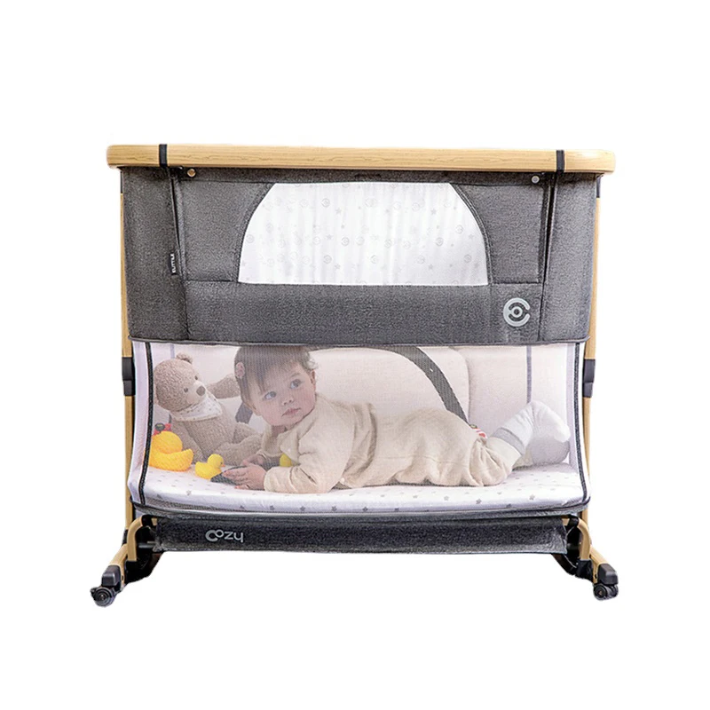

Elittile Baby Crib Portable Foldable Baby BB Bed Bassinet Multifunctional Adjustable Newborn Stitching Big Bed Wood Grain Ion