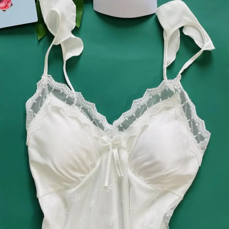 

Sexy Nightgown Women Ice Silk Suspender Nightdress Summer Thin Satin Home Dress With Chest Chest Pad Backless Mesh Sleepwear