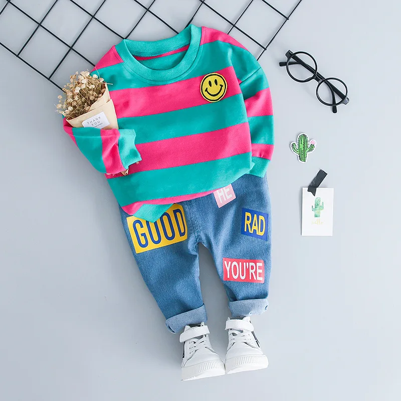 Baby boy's clothes baby girl's spring and autumn two-piece suit cotton striped smiley T-shirt pants | Детская одежда и