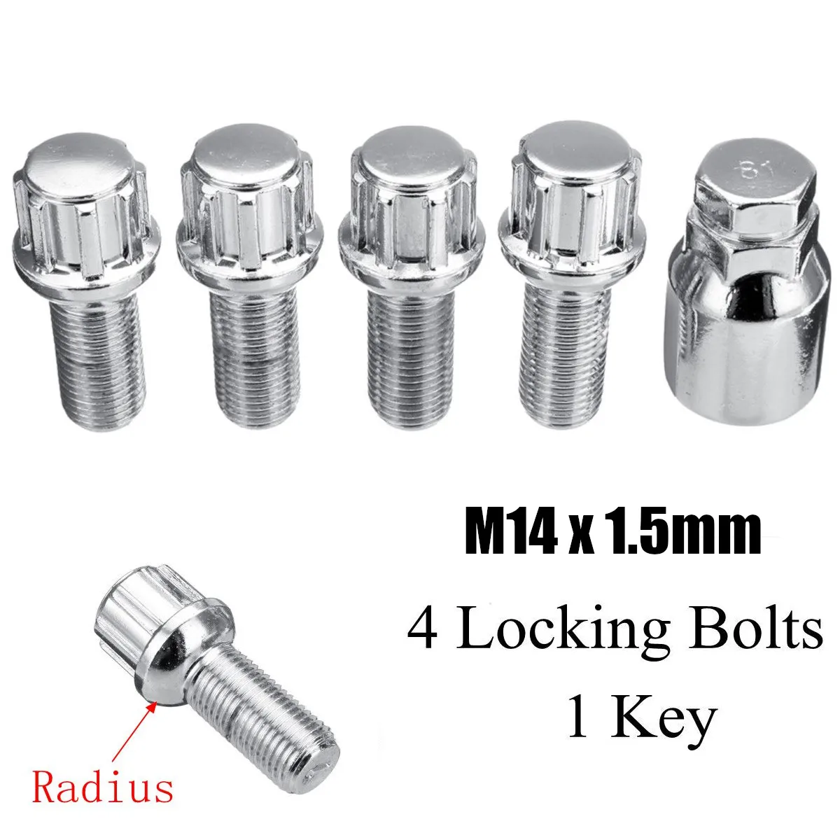 

new 5pcs/set Steel Wheel Lock Bolts M14 x 1.5mm Locking Radius Security Lug Nuts Set for Audi for VW