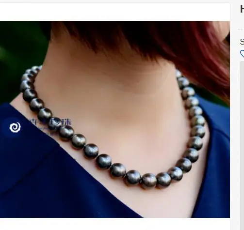 

stunning tahitian 12-13mm round black green pearl necklace 18inch 925
