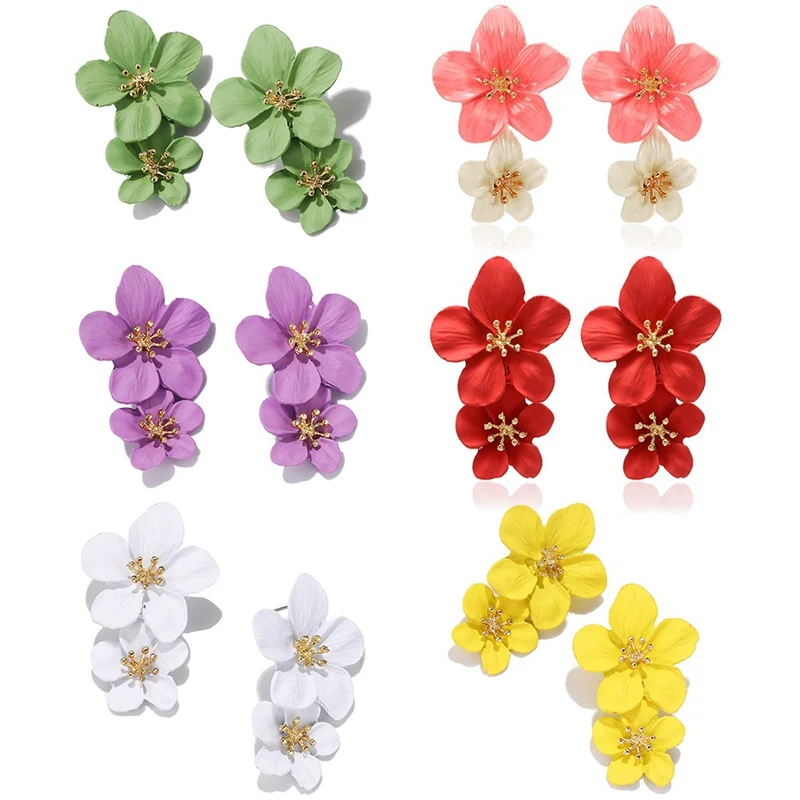 1 Pair Fashion Flower Series Ear Post Stud Earrings For Women Accessories White Colorful Flower Jewelry