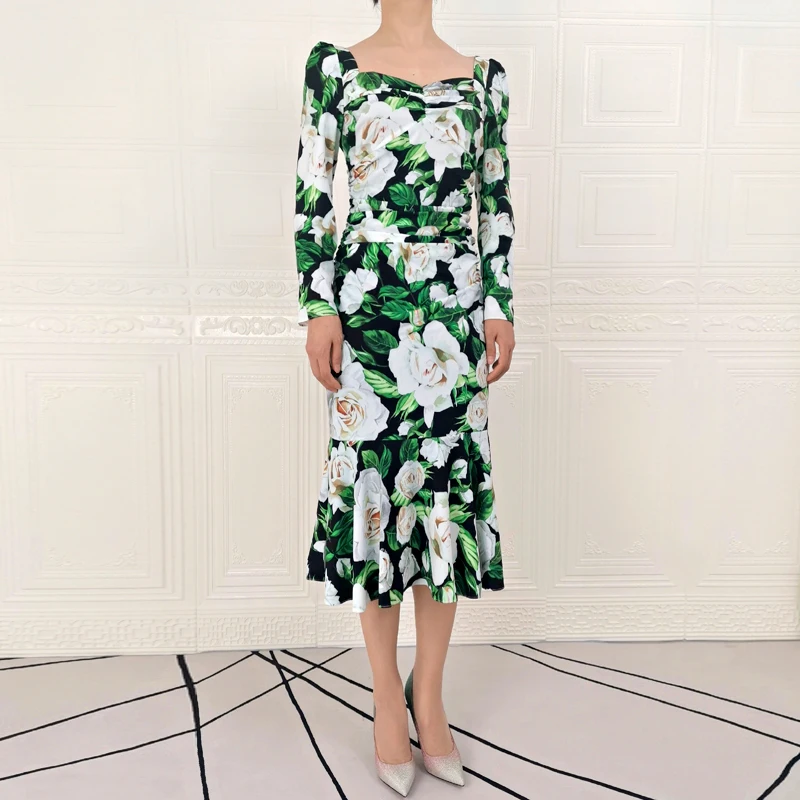 

Designer Slim Print Green Mermaid Midi Dress Runway High Quality Autumn New Women'S Party Casual Outing Vintage Elegant Chic