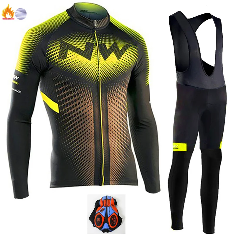 Winter Cycling Suit Northwave Winter thermal fleece Cycling Clothes NW men's Jersey suit outdoor riding bike MTB clothing warm Bib Pants set - Color: Winter Cycling Suit