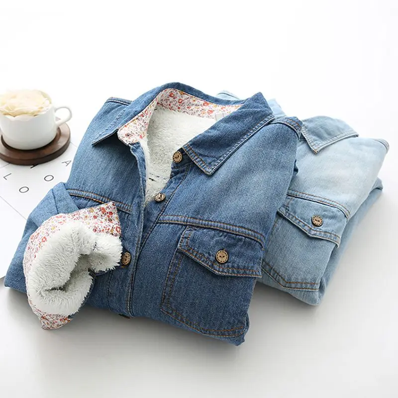 Блузка 2021 Новая женская джинсовая плотная рубашка с длинным рукавом Однотонная