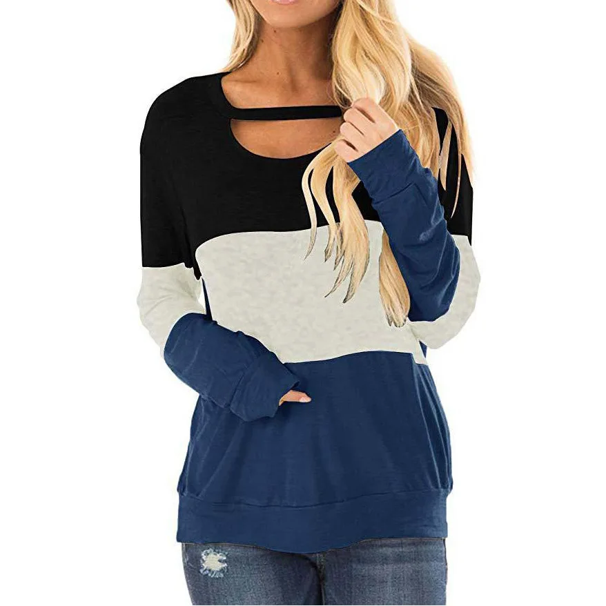 

2021 Fashion Women T-shirt New Autumn Casual Hot-selling Round Neck Pullover Color Matching Loose Openwork Knitted T-shirt