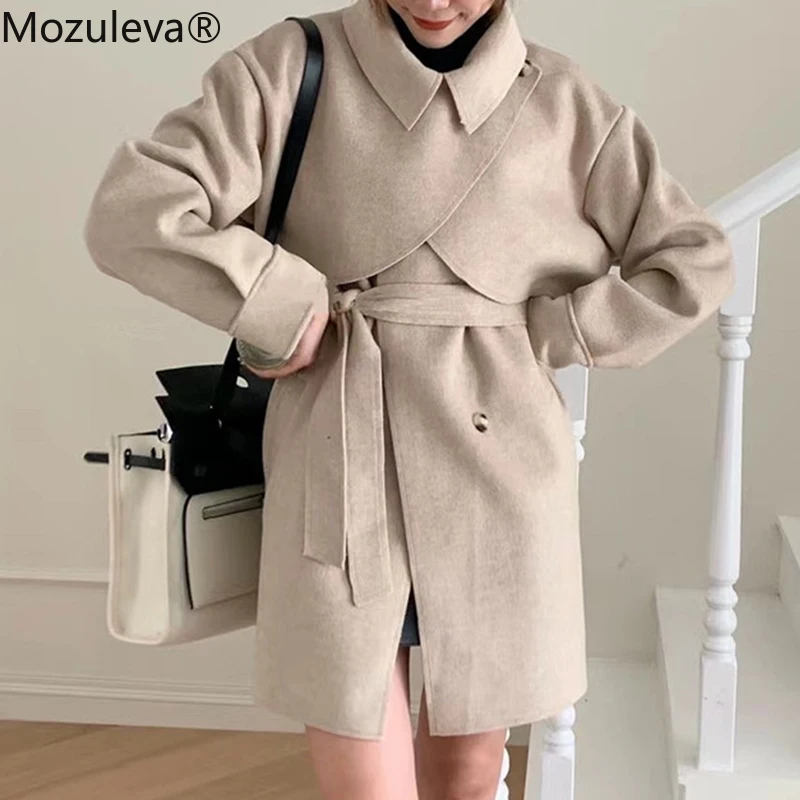 Женское шерстяное пальто на шнуровке с поясом Осень-зима | Женская одежда