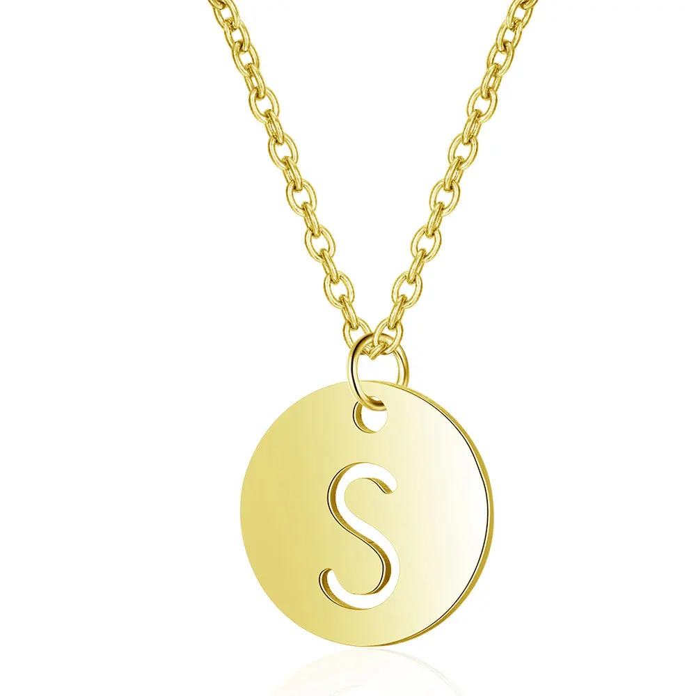 

New Tiny 26 Letters Initial Necklace Round Hollow-out Pendant Clavicle Chain Stainless Steel 316L Jewelry For Women Choker Gift