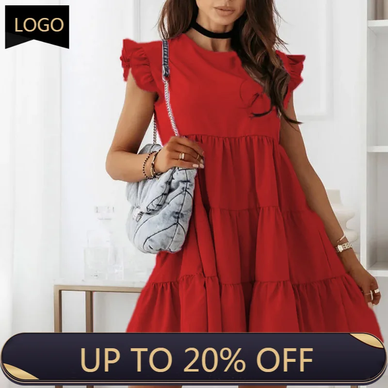 

2021 элегантное платье с бабочками и коротким рукавом пляжное платье Женская Повседневная футболка с круглой горловиной и плиссированные ве...