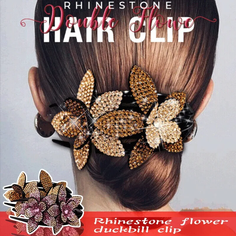 

Rhinestone double flower hairpin flexible and durable plate hairpin female dovetail hairpin duckbill clip hairpin headdress clip