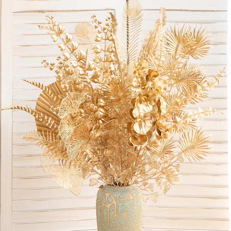 Золотые Искусственные пластиковые цветы кленовый лист гинкго эвкалипт Холли