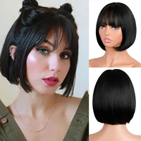 miss wig straight black synthetic wig with bangs womens short length hair bob wig heat resistant bobo hairstyle daily wig
