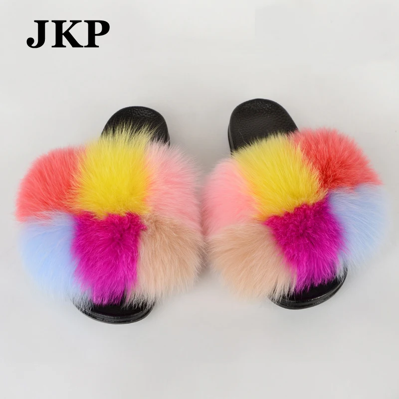 Сланцы женские с натуральным лисьим мехом летние Нескользящие шлепанцы в