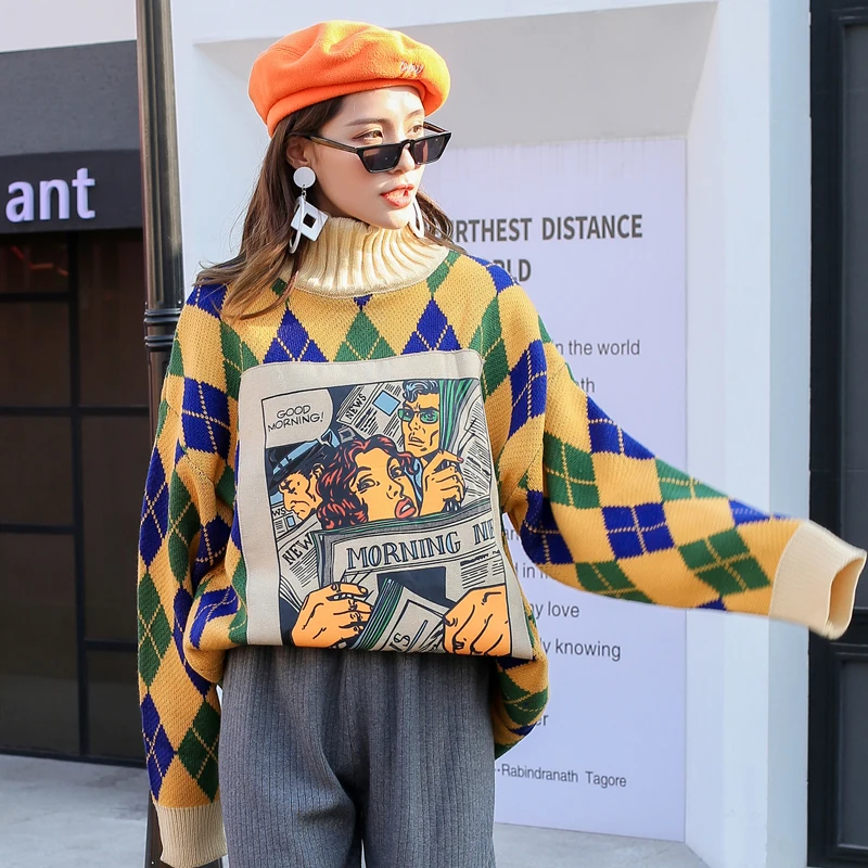 

Vefadisa Argyle Print Women Sweater 2020 Autumn Stitching Color Knitting Coat Turtleneck Pullovers Sweater Loose QYF3880