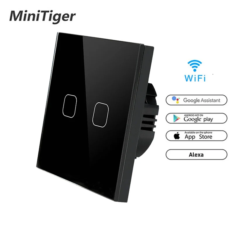 WiFi Black 2gang Стандарт ЕС 1/2 банда 1 способ Tuya/Smart Life/ewelink WiFi настенный светильник сенсорный переключатель для Google Home Amazon Alexa Голосовое управление - Цвет: WiFi Black 2gang