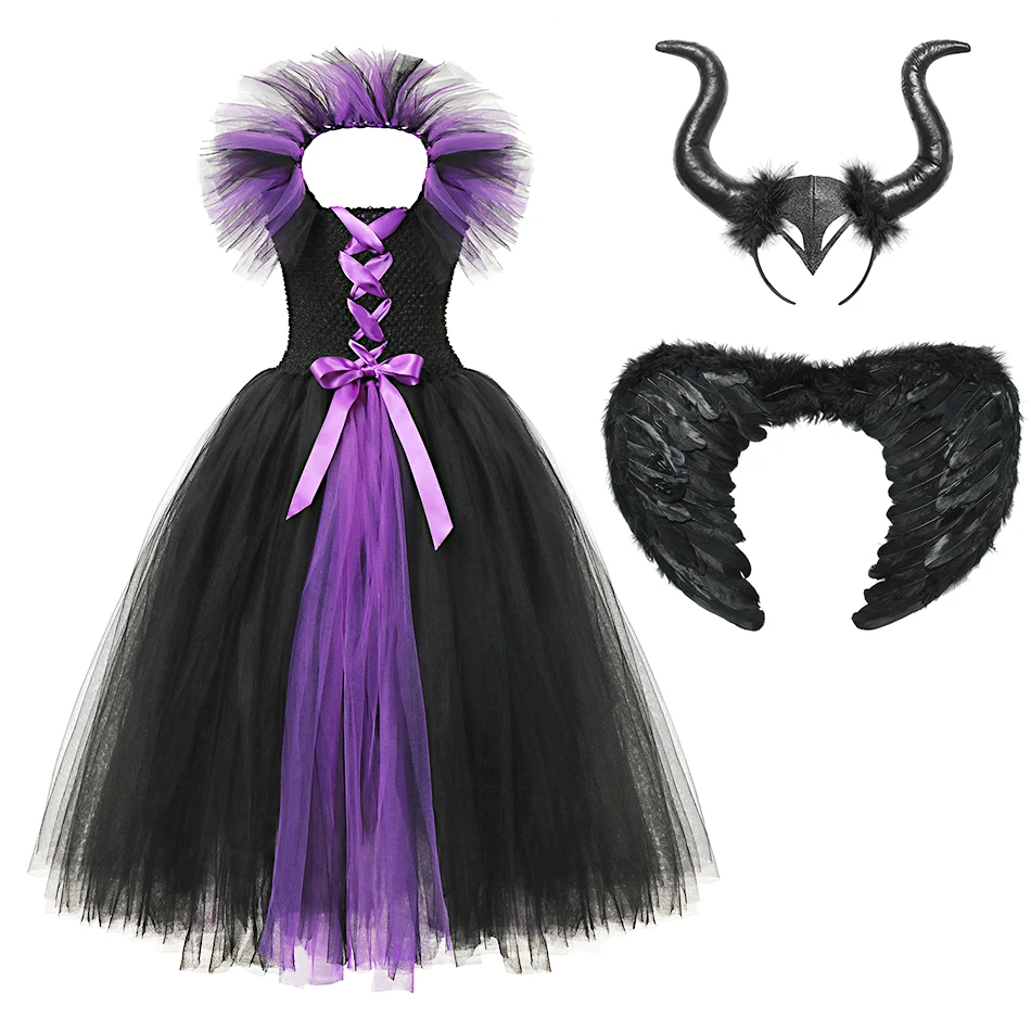 Evil Queen Set B Платье-пачка «злая королева» для девочек костюм малефисенты Авроры+ рога дьявола и крылья Спящей красавицы Вечерние платья на Хэллоуин - Цвет: Evil Queen Set B