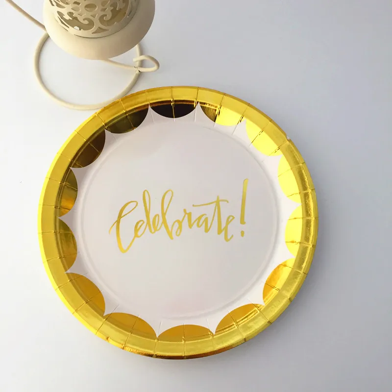 Бесплатная доставка 32 шт Круглые 9 &quotбумажные тарелки из фольги золотые ярко