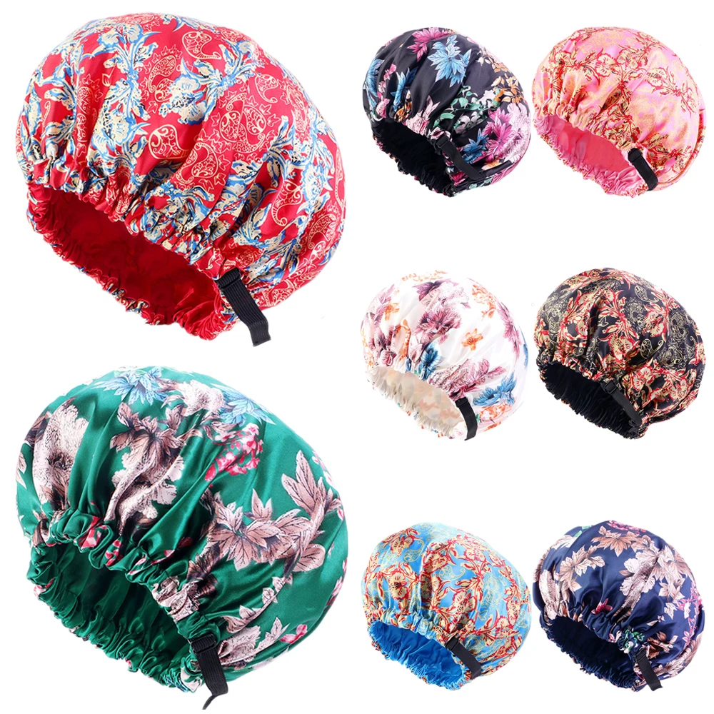 

Satin Big Size Printed Bonnet Satin Linned Hair Care Double Layer Women Night Sleep Hat Adjust Silk Head Wrap Shower Beauty Cap