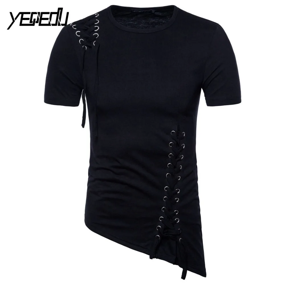 

#4101 Bandage Hip Hop T Shirt Men Short Sleeve Black/White Asymmetrical Hem Punk Style Tee Shirt Homme Mens Clothing Euro Size