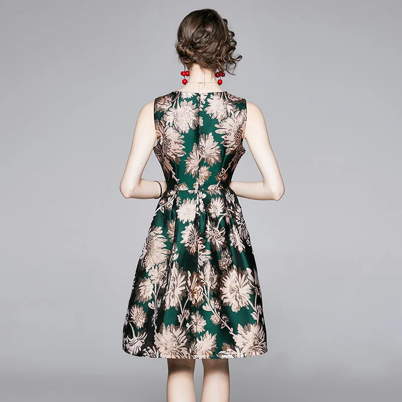 

New Arrival Autumn Women Vintage O Neck Sleeveless Jacquard Dress Female Elegant Sexy Slim A-Line Party Dresses Vestidos
