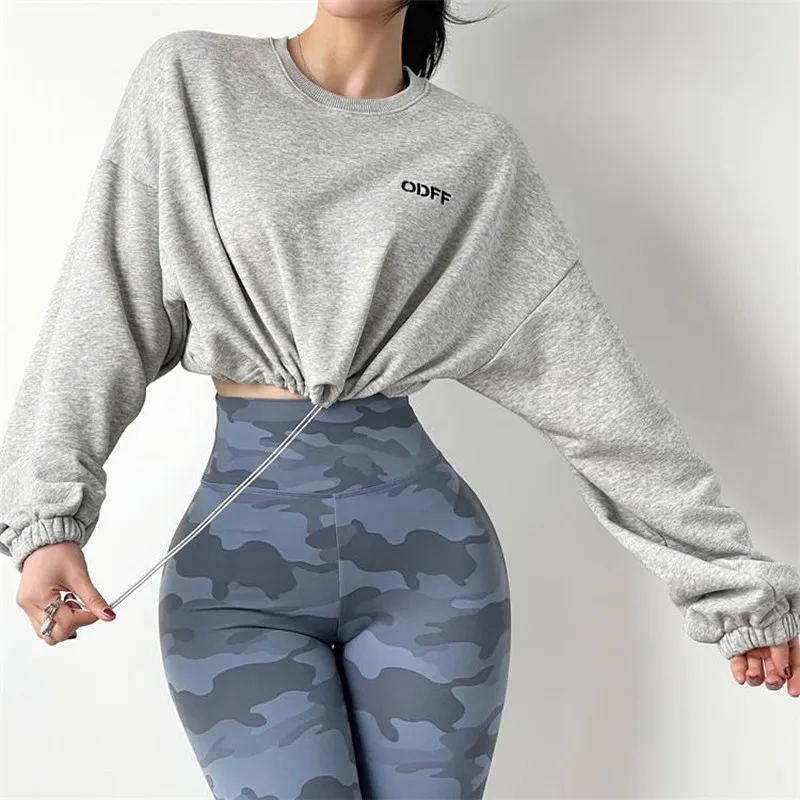 

Женский свитер с высокой талией, свободная короткая куртка с длинным рукавом, одежда для фитнеса и йоги, спортивные топы, блузка для бега, бы...