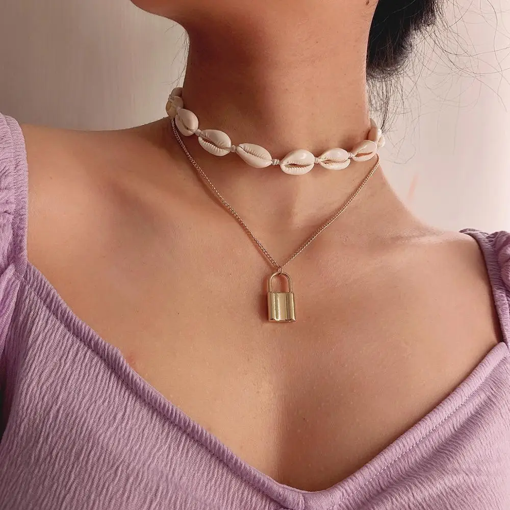 Бохо раковины ракушка цепь ожерелье пляж многослойный золотой цвет замок