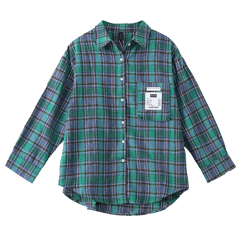 

Vefadisa Fashion Green Plaid Print Blouse Women 2021 Spring Long Sleeve Blouse Casual Women Blouse Loose Cardigan Top QYF4914