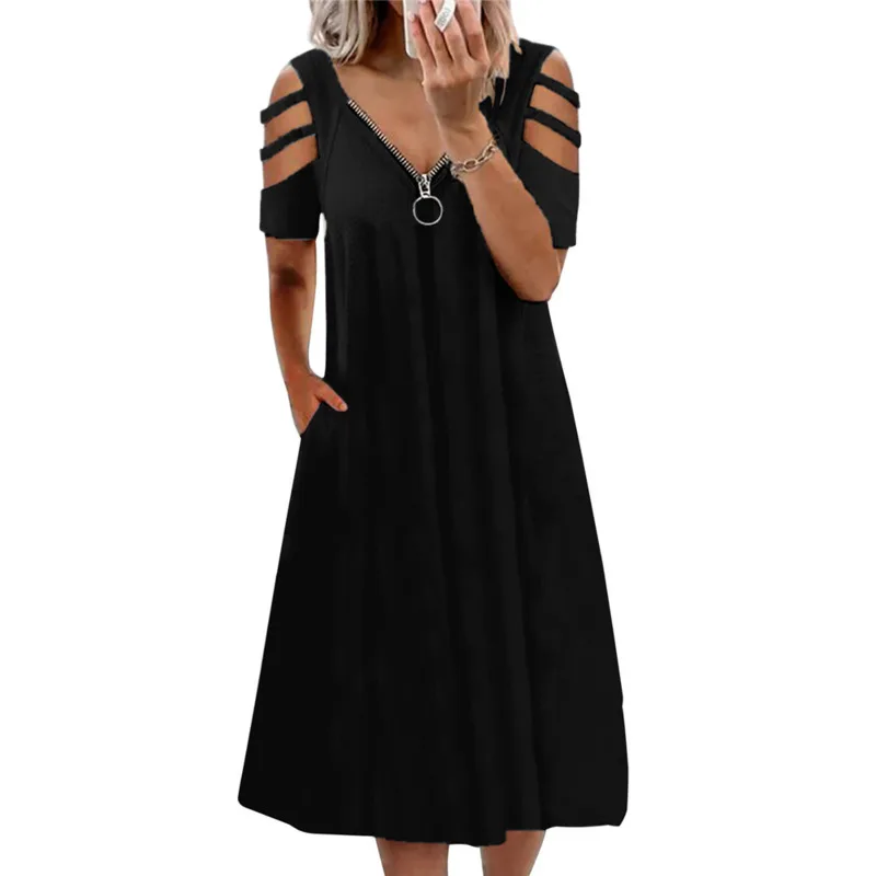 

Nicecasual Off Shoulder Short Sleeve Loose Dresses Summer Pop Sexy V-neck Zipper Solid Color Dress Elegant Pop Elegant Dress