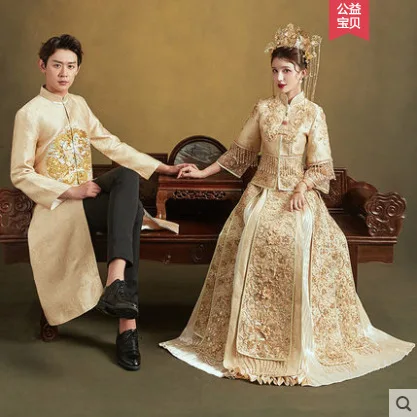 Китайское традиционное свадебное платье с золотым драконом и фениксом банкетное