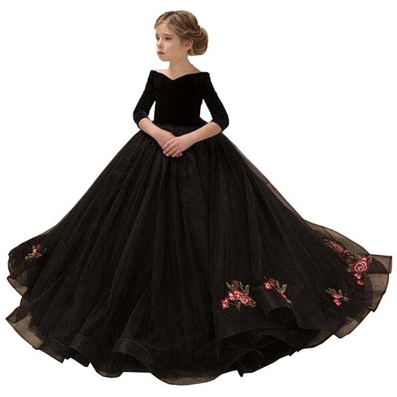 2022 New Kids Dresses Girl Elegant Long Prom Black Embroidery Tulle Gowns Children 8 Grade Graduation | Детская одежда и обувь
