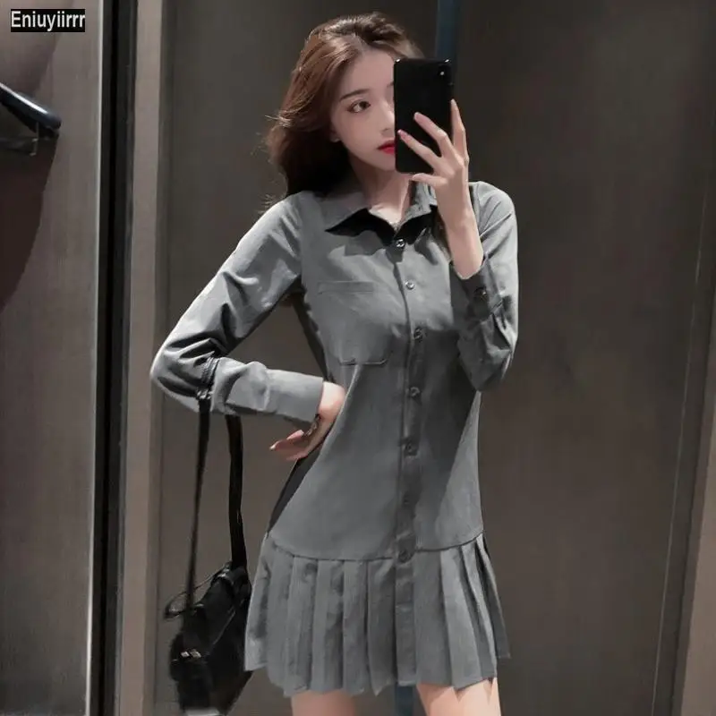 

Women Fashion Ruffled Pleated Cute Mini Sexy Vestidos Office Lady Solid Single Breasted Button Shirt Dress