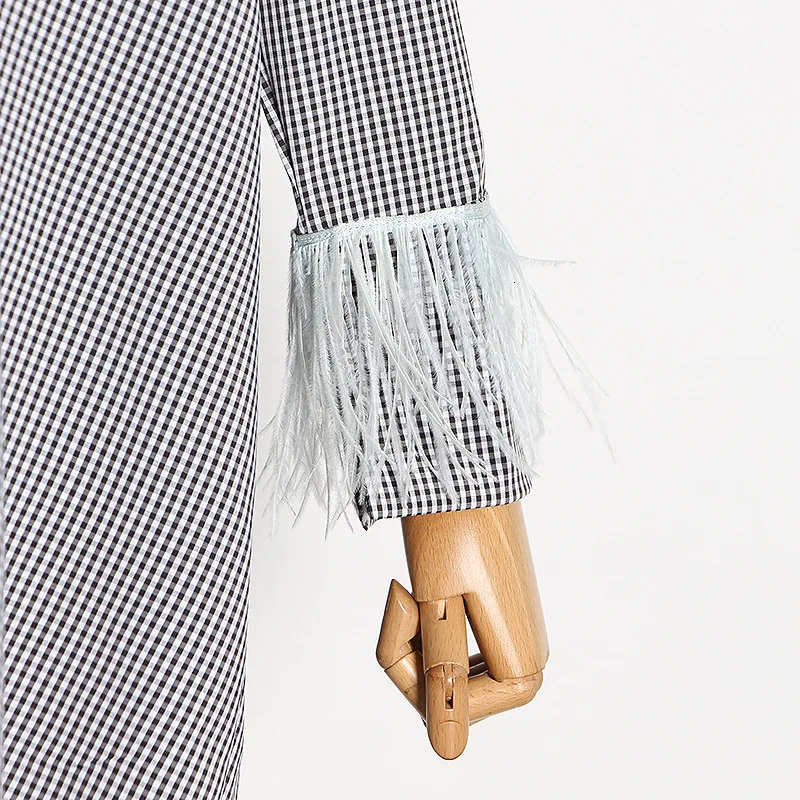 Женское платье-рубашка в клетку свободное летнее платье с длинным рукавом