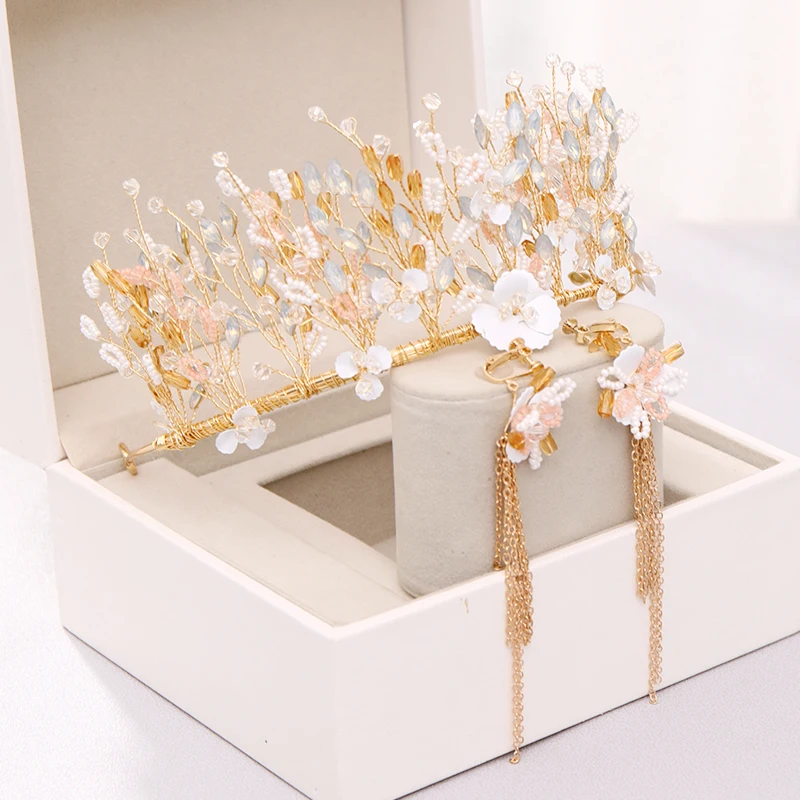 Золотая тиара и корона для королевы принцессы цветок ручной работы Хрустальная