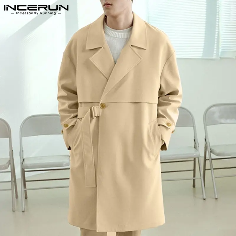 

Тренч INCERUN мужской однотонный, модная Длинная ветровка с отложным воротником и длинным рукавом, на шнуровке, уличная одежда, повседневный ст...