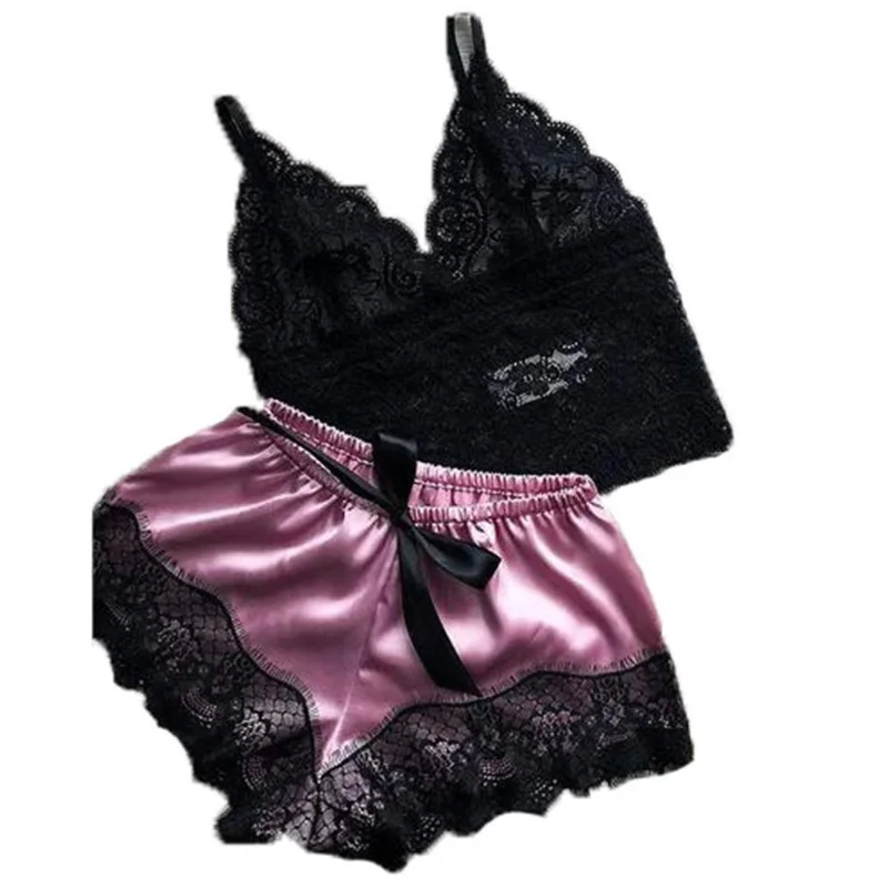 

women pyjama set sexy set Lingerie Lace Nightdress Trim Sleeveless Strap Corp Top and Shorts