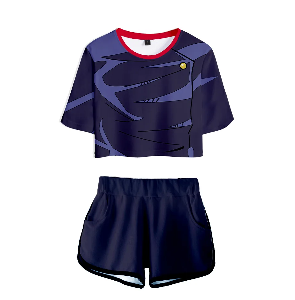 

2020 New Arrival Jujutsu Kaisen Women Two Piece Set Shorts+Crop Tops T-shirt Summer Hip hop Harajuku Street Clothes