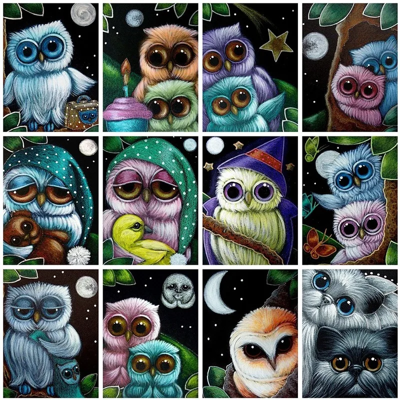 

Owl Diamond Painting Kits Full Round With AB Drill Rhinestone Mosaic Cartoon Rhinestone Pictures Kids Room Decoration Art Gift