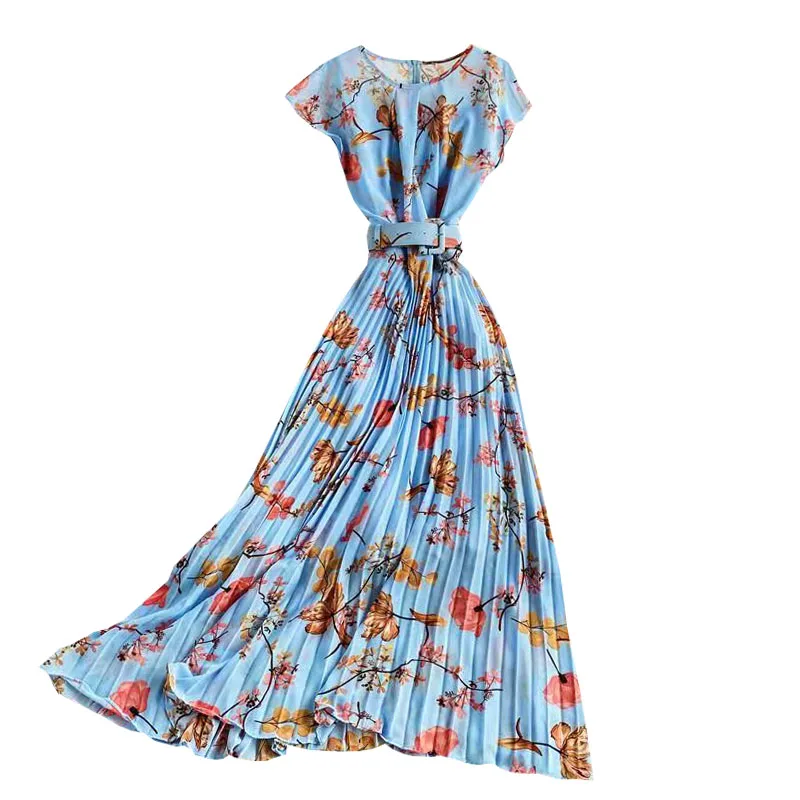 

Elegant Women Flower Chiffon Maxi Holiday Dress Short Sleeve Lady High Waist A-Line Party Dresses Chic Pleated Vestidos Summer