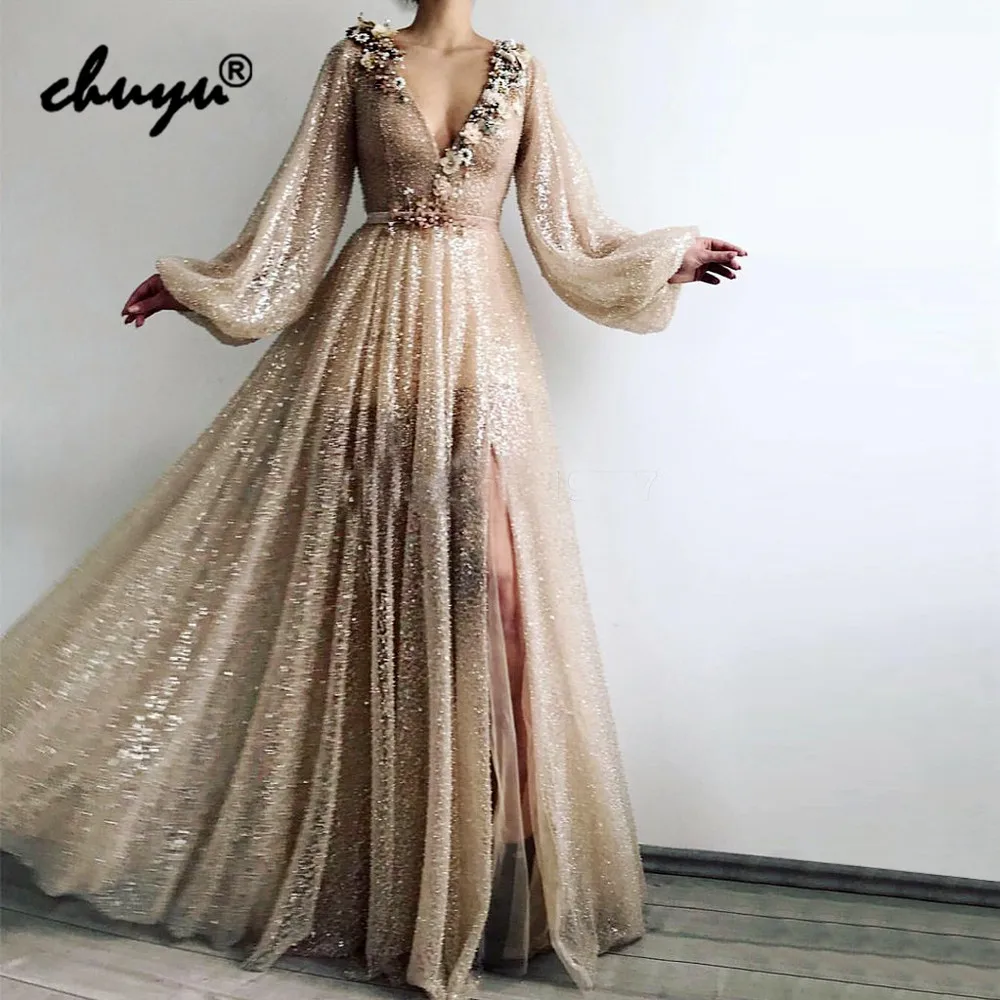 Золотое мусульманское вечернее платье с v образным вырезом и длинными рукавами