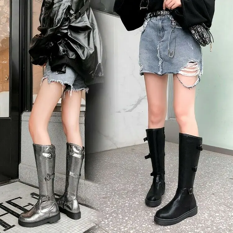 

Punk Womens Shinny Mid Calf Boots Chunky Heels Motorcycle Casual Shoes Big Size