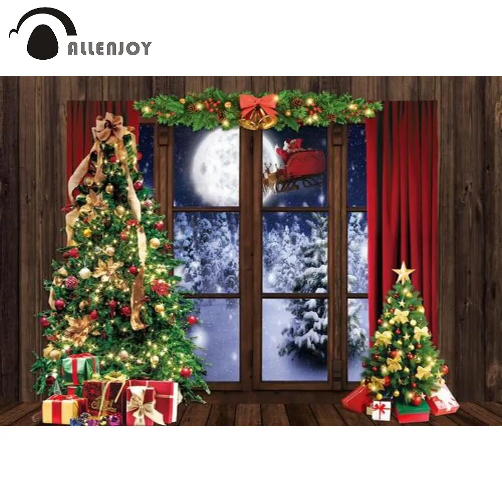 

Allenjoy Christmas Party Background Wooden French Window Santa Snowy Trees Presents New Year Winter Backdrop Photo Studio Props