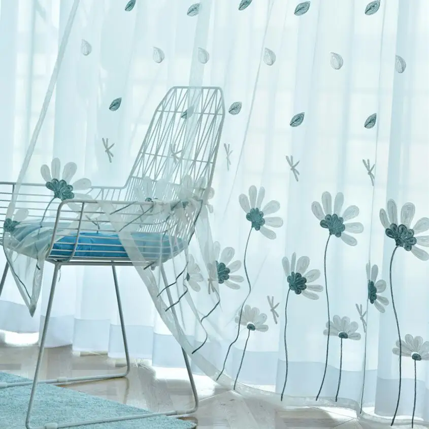 Пасторальная вышитая пряжа для гостиной Цветочная сетчатая занавеска со