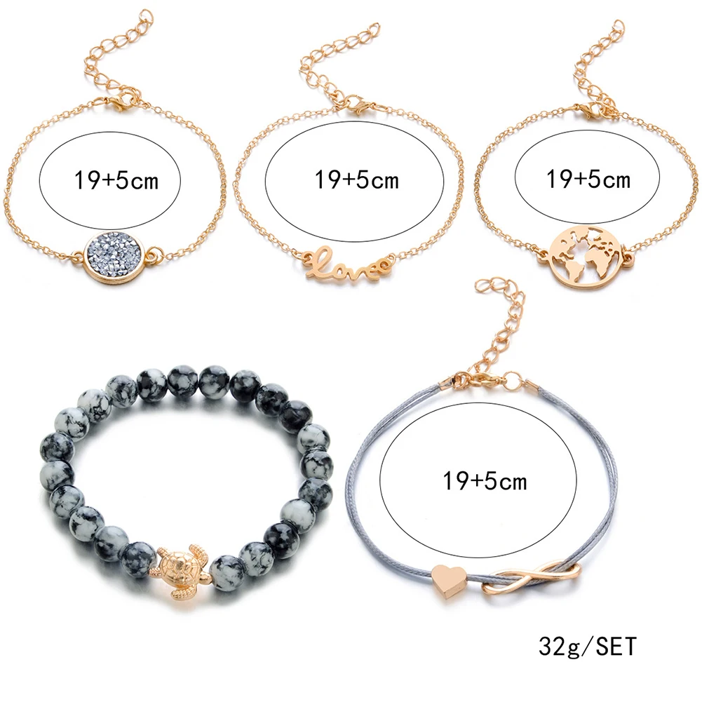 

5 Pcs/set Bohemian Turtle Charm Bracelets Bangles For Women Fashion Gold Color Strand Bracelets Kit Jewelry Party Gifts