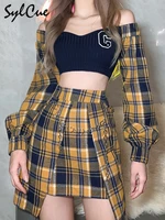 sylcue youth stitching contrast color plaid beautiful wild one line collar long sleeved short top with a line skirt 2 two piece