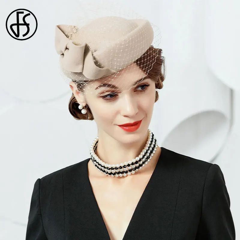 

FS чародей свадебные головные уборы для женщин шерсть шляпа осенне-зимняя фетровая шапочка с вуалью, с бантом; Женские шапочка стюардессы вв...