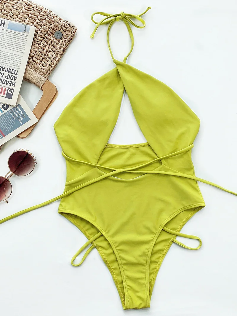 Wrap Around Halter High Cut Female Swimwear One Piece Swimsuit Women Tummy Cut Out Monokini Bather Bathing Suit Swim Bodysuit