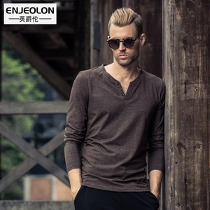 Enjeolon брендовый мужской длинный рукав повседневные футболки для мужчин, одноцветная футболка с треугольным вырезом, хлопковые рубашки осень зима мужские повседневные футболки мужской RS1654-1