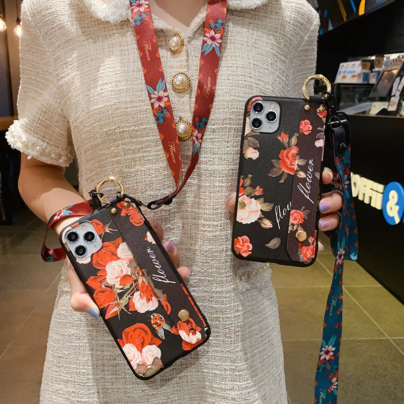 

sumkeymi Lanyard Wrist Strap Rose flower TPU Phone Holder Case For iphone 12 11 7 8 Plus mini 13 Pro Max X XS XR Hand Band Case